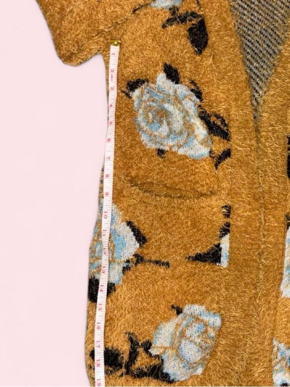 Charlotte Russe Mustard Fuzzy Floral Cardigan with Blue and Black Accents - Picture 5 of 8